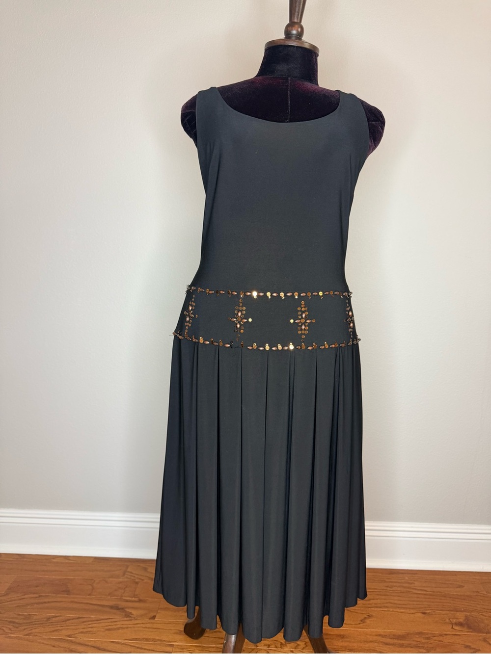 Talbots Black Sequin with Wood Beading Lined Pleated Tank Dress